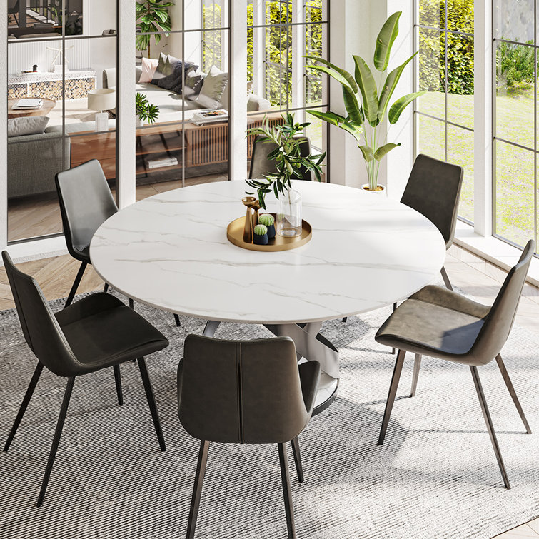 Huriel Round Marble Modern Round White Dining Table with Black X Carbon Steel Base